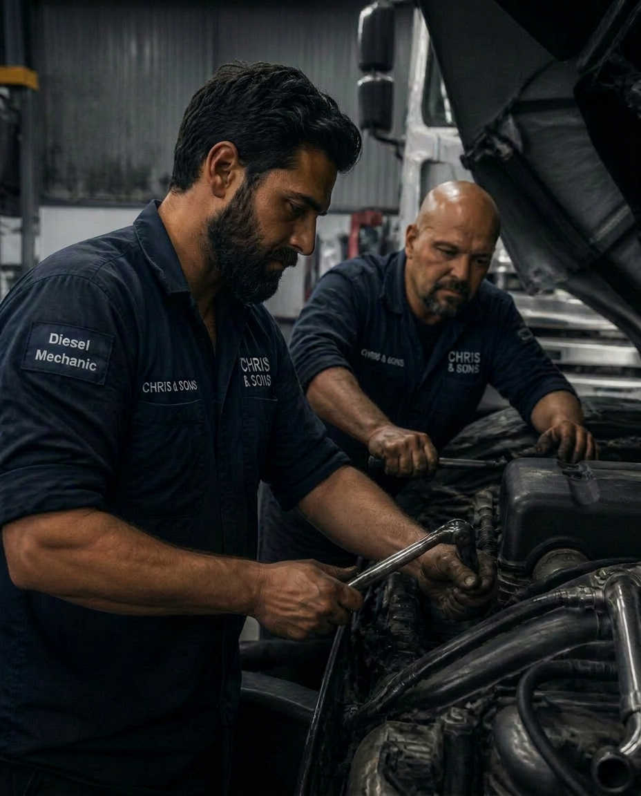 Chris & Sons mechanics working on a diesel engine